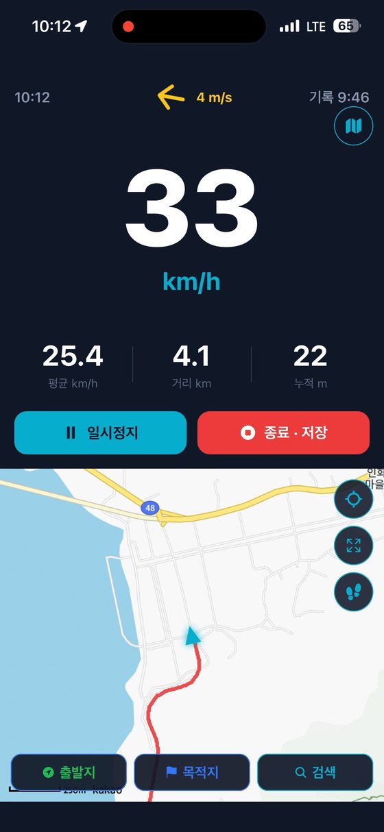 라이딩 중 현재 속도와 평균 속도, 거리, 누적 고도가 표시된 속도계 화면