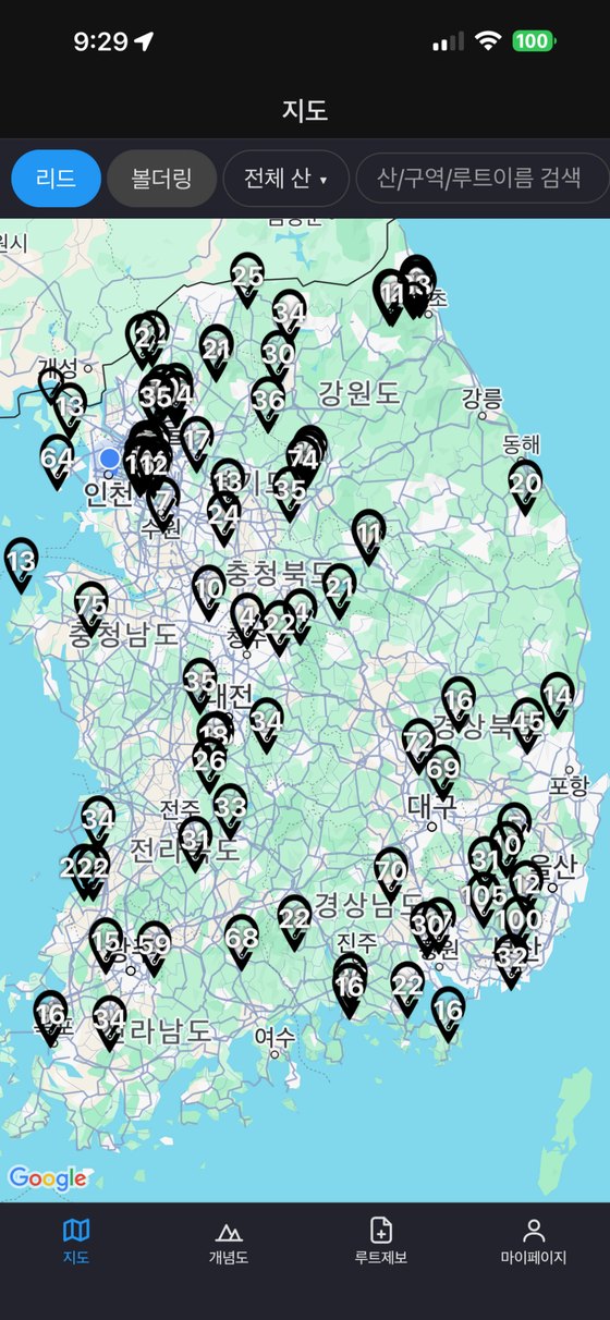 전국 등반지가 표시된 지도 화면